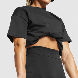Vente en gros été 2023, haut de yoga oversize uni pour femmes, t-shirts courts, t-shirt uni pour femmes - Product Image 2