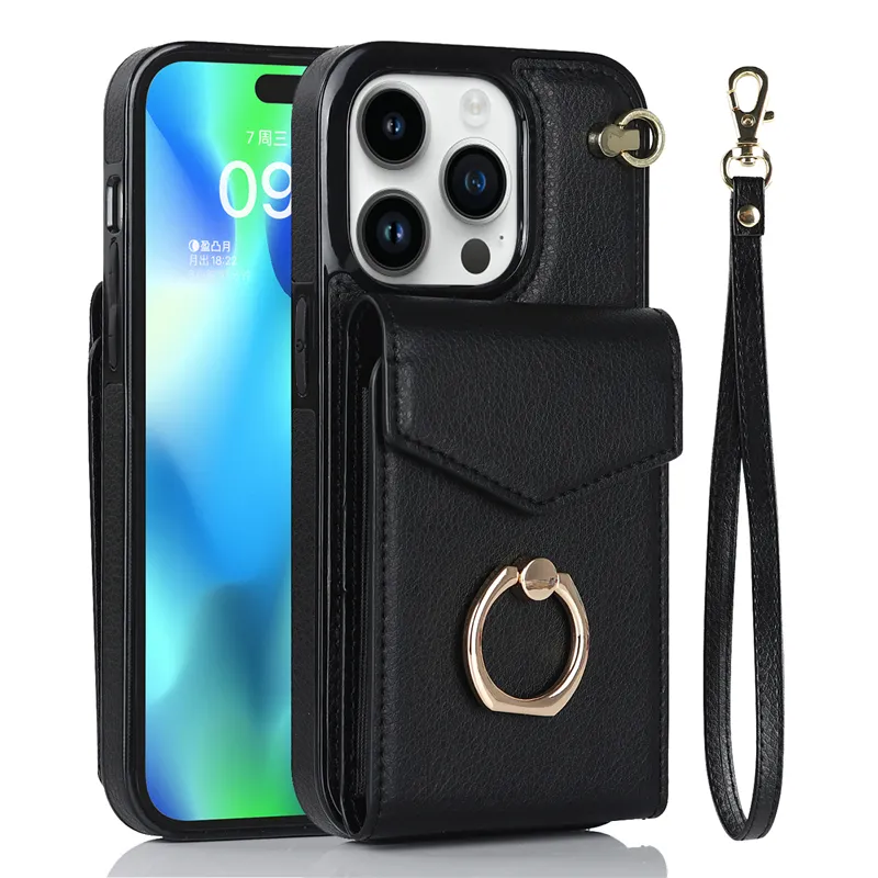 magnetic leather flip wallet mobile phone case for iphone 11 12 14plus,for iphone 12 card holder kickstand ring black case