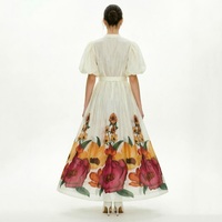 Robe décontractée personnalisée pour femme, style bohème, imprimé numérique rétro floral, coupe longue ajustée, col en V, manches bouffantes, grande jupe évasée