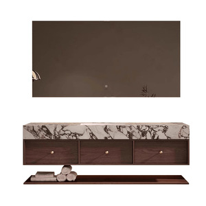 Mid-Century Bathroom Storage Vanity Wall Hung Walnut Solid Wood Black White Sintered Stone Basin - Product Image 1