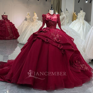 Robe de bal rouge à manches longues Xs263, robe de mariée moderne avec appliques de perles de cristal, dos nu, pour occasions spéciales - Product Image 2