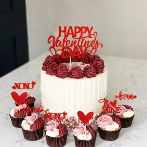Red Glitter Love Cake Decoration For Happy Valentine's Day Wedding Party Cake Topper Set