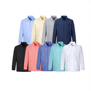 Camisa <span class=keywords><strong>Guayabera</strong></span> Casual de Algodón a Rayas para <span class=keywords><strong>Hombre</strong></span>, Manga Larga, Cuatro Bolsillos, Antiarrugas y Duradera - Product Image 1