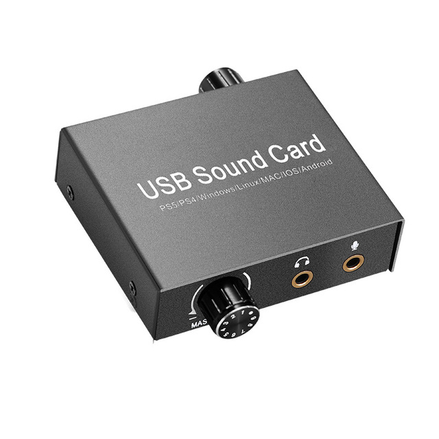 USB External Sound Card with Volume Control Output and Bass Knob Adjustment Stereo Audio Adapter with 3.5mm Microphone for PS4