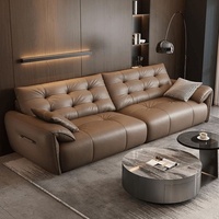 Ensemble de canapé modulaire en L en cuir pleine fleur pour salon, couleur Dune Mocha Biscuit, avec accoudoirs capitonnés et ottoman