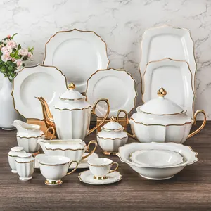 Conjunto de louça de porcelana luxuosa para jantar, prato de sopa e salada, prato de cerâmica com borda dourada, porcelana de porcelana, porcelana de porcelana, OEM ODM