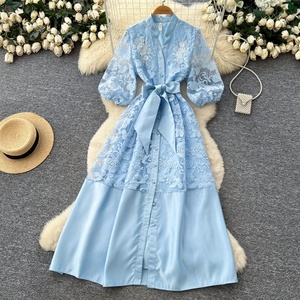 <span class=keywords><strong>Robe</strong></span> trapèze en dentelle brodée ajourée pour femme, manches longues, cintrée à la taille, amincissante, idéale pour le printemps et l'été, style navetteur - Product Image 1
