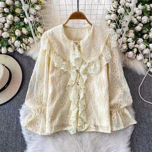 Blusa <span class=keywords><strong>de</strong></span> verano Premium para mujer elegante Socialite juvenil encaje Patchwork <span class=keywords><strong>de</strong></span> gama alta bordado campana manga cuello tejido sólido - Product Image 6