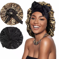 Topi Tidur Satin Motif Macan Tutul Ukuran Besar untuk Wanita, Topi Malam dengan Hiasan Pita Lebar untuk Tidur