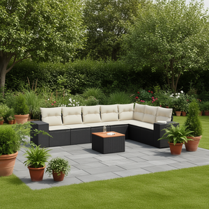 Conjunto de sofá de jardín color crema, blanco y negro con cojines, 6 plazas, muebles de ratán para exteriores, diseño contemporáneo - Product Image 2