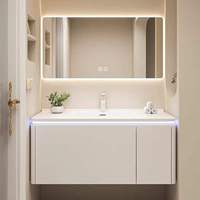 Nouvelle vasque de salle de bain murale en PVC blanc de style européen, étanche, avec miroir avec bande lumineuse LED et lavabo