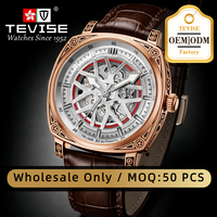 Montre automatique à remontage automatique pour homme TEVISE, boîtier tonneau de luxe, design squelette, bracelet en cuir, montre de sport