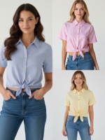 Chemisier court chic rayé en polyester respirant pour femme, à manches courtes, boutonné sur le devant, avec ourlet à nouer, idéal pour un look décontracté quotidien