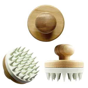 Hair Shampoo Brush with Bamboo Rubber Grip Wet and Dry Scalp Care Brush with Soft Silicone Massager for Women Men Pets