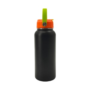 Gourde isotherme robuste en métal noir mat élégant avec couvercle à paille rabattable, poignée rivetée, anti-fuite, pour activités de plein air et sport - Product Image 4