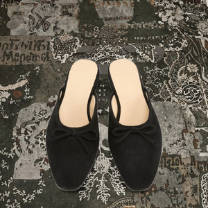 Women Square Toe Spring Summer Classic Slip-On Shoes Bow Tie Genuine Leather <b>Suede</b> <b>Flat</b> <b>Mule</b> Slides Slippers - Product Image 3