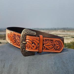 Premium <b>Cowboy</b> Leather <b>Belt</b> Ornate Engraved <b>Buckle</b> Intricate Tooling Fashion Accessory - Product Image 1