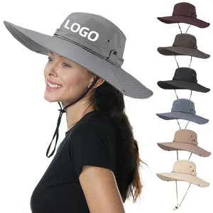 Topi Bucket Logo kustom trendi pinggiran lebar perlindungan Uv musim panas wanita dengan tali topi matahari uniseks