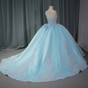 ชุดเดรสสีฟ้าสำหรับงาน Quinceanera ประดับลูกไม้ ปักเลื่อมวิบวับ ผ้าออร์แกนซ่า เปิดไหล่ สำหรับงาน Sweet 16 รุ่น Dy6831 - Product Image 5