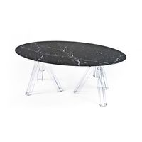 Table ovale en marbre Emperador 200x115, base transparente Ometto, table d'appoint pour salon, style farmhouse, matériau en ciment OVAL003