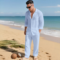 Ensemble décontracté de plage en lin pour homme : chemise ample à revers et pantalon long – Respirant, doux, confortable, tenue de loisirs polyvalente