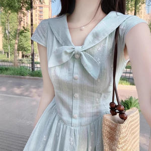 Vestido Largo Azul con Cuello Marinero para Mujer, Estilo Veraniego, Transpirable, Casual, con Hombros Descubiertos, Cintura Natural, Ideal para Vacaciones - Product Image 1