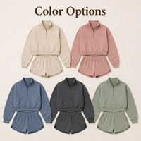Ensemble 2 pièces personnalisé pour femme : Sweat-shirt court à quart de zip en molleton bouclette ample et short élastique au-dessus du genou pour la maison et les loisirs