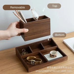 Solid Wood <b>Pen</b> Holder Storage <b>Box</b> Square Detachable Office Desktop Organizer Multi Functional Compartmentalized 2L Capacity - Product Image 1