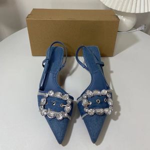 Nuove <span class=keywords><strong>Scarpe</strong></span> da Donna Europee <span class=keywords><strong>con</strong></span> <span class=keywords><strong>Tacco</strong></span> Alto a Stiletto, Modello Slingback in Denim Blu, per l'Estate - Product Image 5