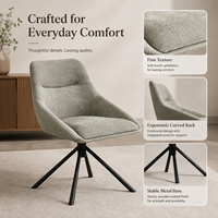 Chaise de salle à manger, tissu texturé gris clair, dossier en forme de coquille avec accoudoirs intégrés, base en métal noir évasée pour hôtel, café et bar