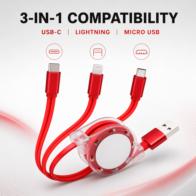 3 in 1 Retractable Charging Cable 1M USB a to Type C Micro USB for iPhone Portable Multi Charger Custom Logo Gift