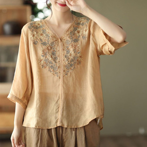 Women's Cotton <b>Linen</b> Embroidered <b>Top</b> V-Neck Ethnic Style Summer Blouse Breathable Lightweight Casual Wear - Product Image 1
