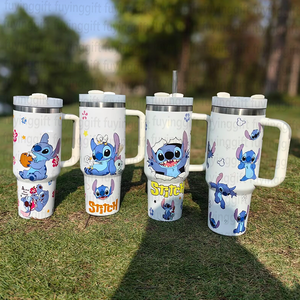 Mini gobelets isothermes en acier inoxydable pour enfants, motif Stitch, avec logo laser personnalisé, poignée et paille - Product Image 5