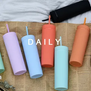 Commercio all'ingrosso personalizzato 16oz doppia parete Skinny Tumbler riutilizzabile tazza fredda di plastica acrilico Tumbler con paglia e coperchio