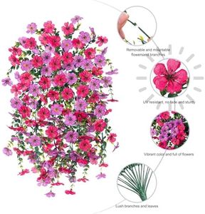 Fleurs en soie réalistes résistantes à la décoloration UV 2 pièces violet Hotpink décor de printemps pots de fleurs suspendus artificiels jardinières - Product Image 3