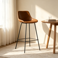 Tabouret de bar vintage en cuir PU avec dossier et pieds en fer, hauteur de comptoir pour îlot de cuisine et bar de café