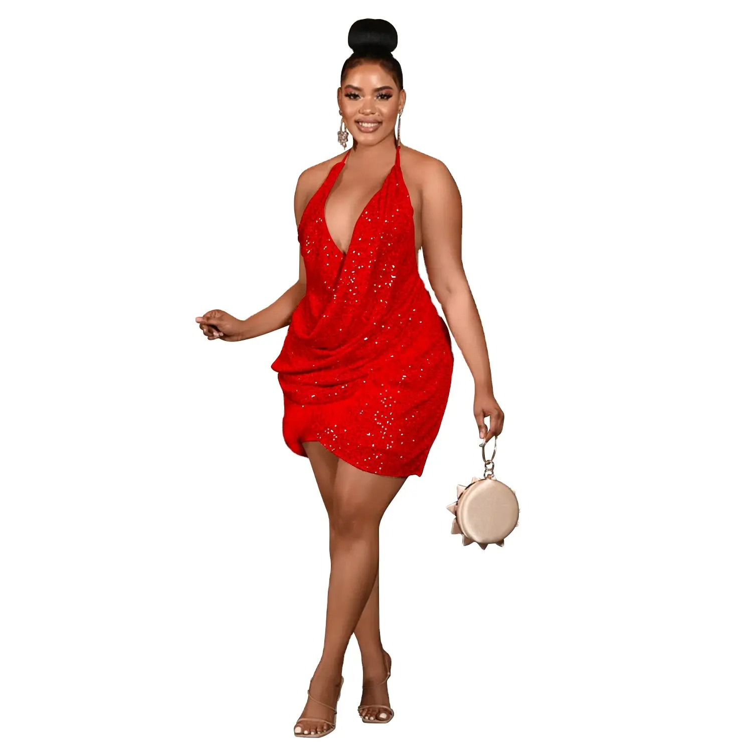 Damen elegantes Lady-Abschlussballkleid Kristallhalfter rotes Ballkleid Bankett rückenfrei Damenpartykleider kurz für Ausstellung Damen