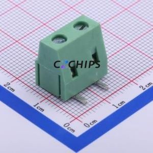 DB128R-7.5-2P-GN-S Screw Terminal Block Bent Lead Through Hole,P=7.5mm Connector 1x2P 7.5mm Green Right Angle Insert - Product Image 1