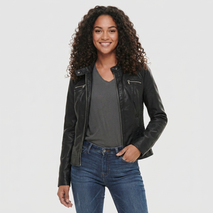 Veste en cuir tissé matelassée en peau de mouton pour femme avec finition cirée, homologuée pour la moto - Product Image 1