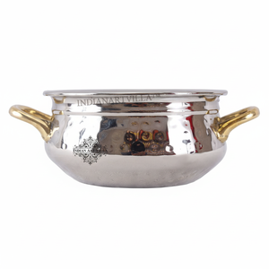 IndianArtVilla Olla de diseño martillado de acero hecho a mano con mango de latón-Utensilios de cocina para almacenamiento y servicio - Product Image 1