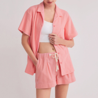Setelan Piyama Dua Potong Wanita Model Boxy Bahan Terry Thermal 100% Katun Flanel dengan Logo di Depan, Cocok untuk Bersantai