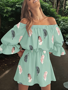 Robe décontractée évasée à imprimé plumes, épaules dénudées, longueur genou, pour femme, été, manches évasées, flatteuse, lavable, taille XS - Product Image 5