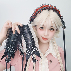 L0010 Gothic Punk tóc ban nhạc với đinh tán tối Lolita Tóc Dây đeo Y2K tóc phụ kiện ren chéo đa năng Gothic Punk Mũ sắt - Product Image 2