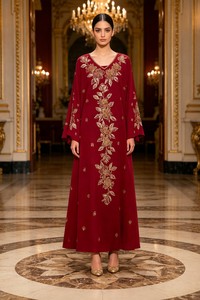 Robes Kaftan Col V Coupe Évasée Luxe Modeste Robe de Soirée Manches Longues Broderie Dorée Perles Chiffon Kaftan pour Mariage et Fêtes - Product Image 2