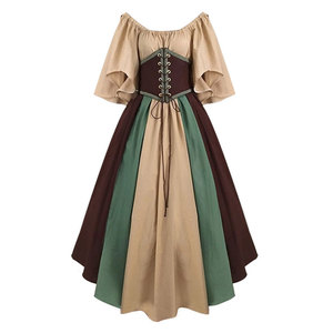Robe de soirée médiévale européenne à épaules dénudées, patchwork coloré, manches volantées, coupe trapèze, jupe longue - Product Image 4