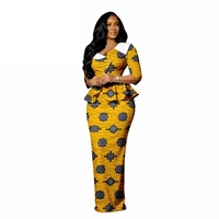 Ensemble en coton pour femmes, grande taille, imprimé africain Ankara; haut à col biais et manches cloche, jupe longue jusqu’au sol; tenue décontractée dashiki deux pièces