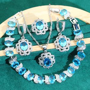 925 ensemble de bijoux en argent pour femmes bébé bleu Zircon Bracelet boucles d'oreilles collier pendentif anneau mariage ou anniversaire Date cadeau - Product Image 1