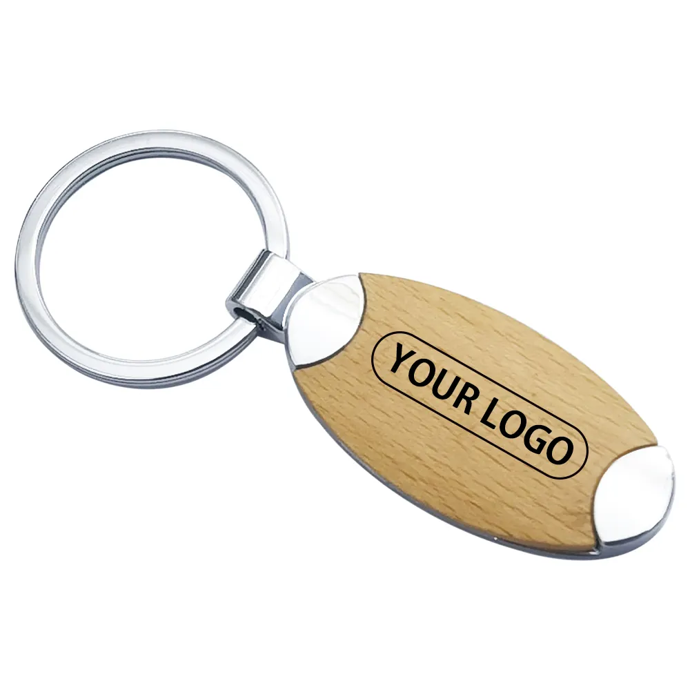 Custom wooden laser logo engraving wood keychain Oval Shaped Pendant Carved Engraving wooden key ring Key Tag with Split Ring