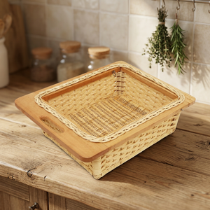 Panier de rangement de cuisine rectangulaire moderne en bois et osier, fait main, de haute qualité, écologique et multifonctionnel pour l'organisation des fruits - Product Image 3
