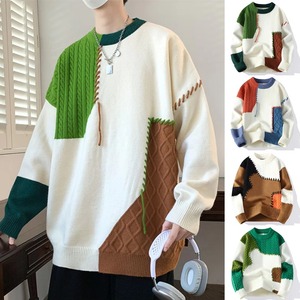 Suéter coreano de hombre de moda, con diseño de patchwork, suéter holgado con contraste de color, abrigo térmico de otoño e invierno, poliéster transpirable - Product Image 2